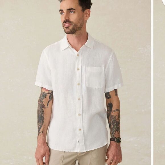 Faherty Mens Short-Sleeve Palma Linen Shirt White Basketweave Size XXL NEW - Picture 2 of 9
